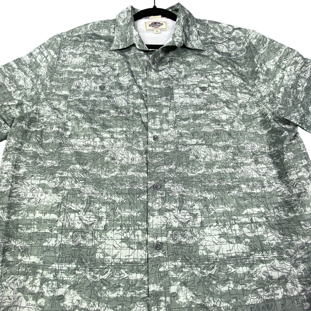 Field & Forest Shirt Mens XL Green Map Print Fishing Outdoors Button Camp Hiking